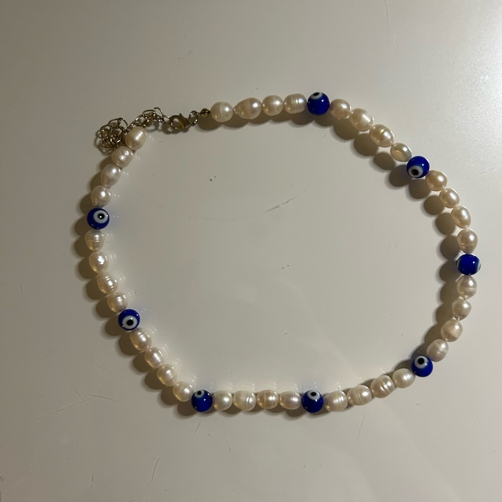 Adina Eden Pearl and Blue Evil Eye Necklace